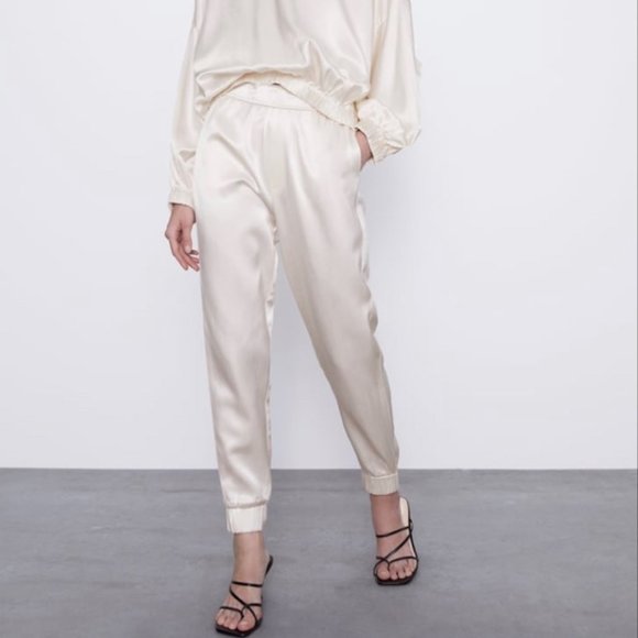 Zara Pants & Jumpsuits Zara Satin Joggers Ecru Poshmark